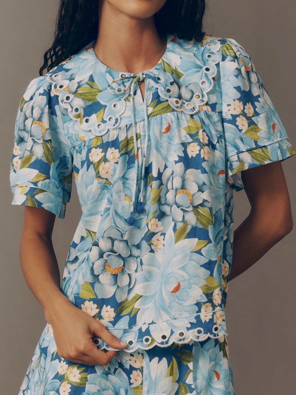 Farm Rio x Anthropologie Scalloped Linen Blend Top